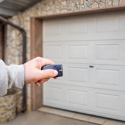 Dover security key fob pointing to a garage door