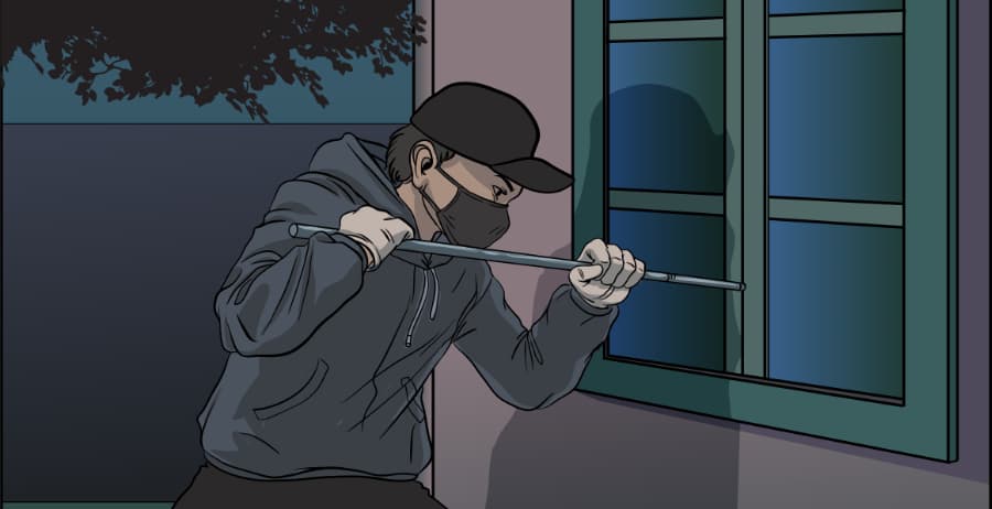Illustration of burglar forcing entry through a window in Dover